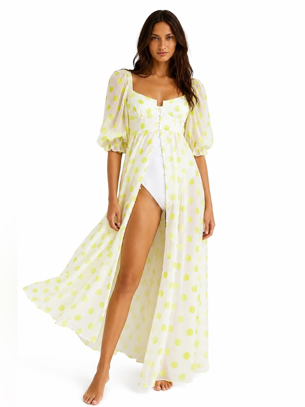 For Love And Lemons Megan Yellow Polka Dot Maxi Cover Up Dress Size M NWT